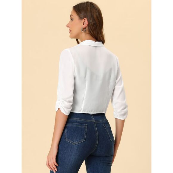 Summer Chiffon Bolero Shrug Blazer 3/4 Ruched Sleeve Open Front Cardigans White - Picture 3 of 6